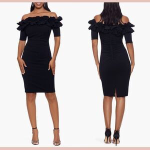 NEW $228 XSCAPE [ 16P PETITE  ]‎ Ruffle Off Shoulder Cocktail Dress Black